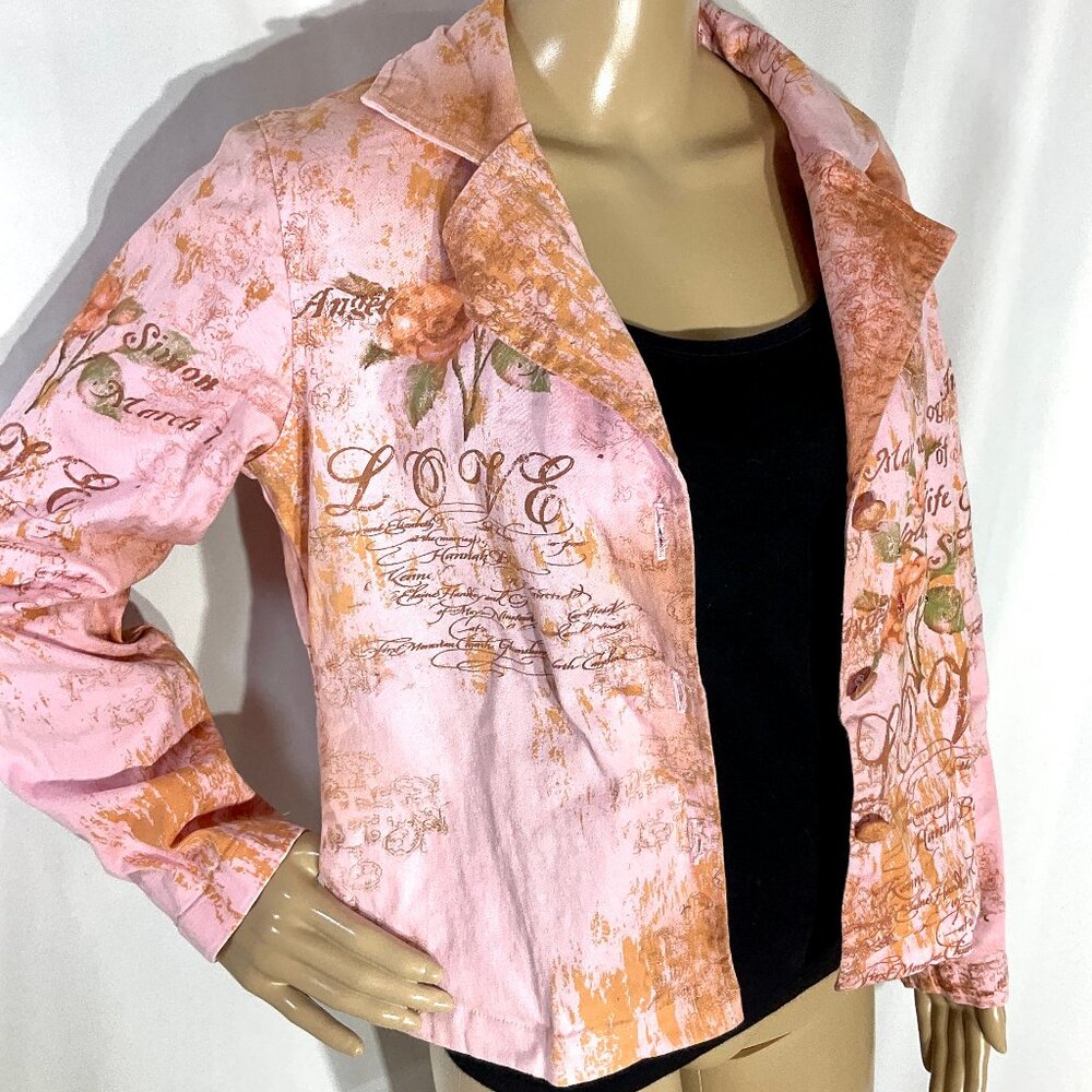 Daniel Benjamin Sz S Pink Printed Button Up Jean Jacket Womens Love Roses